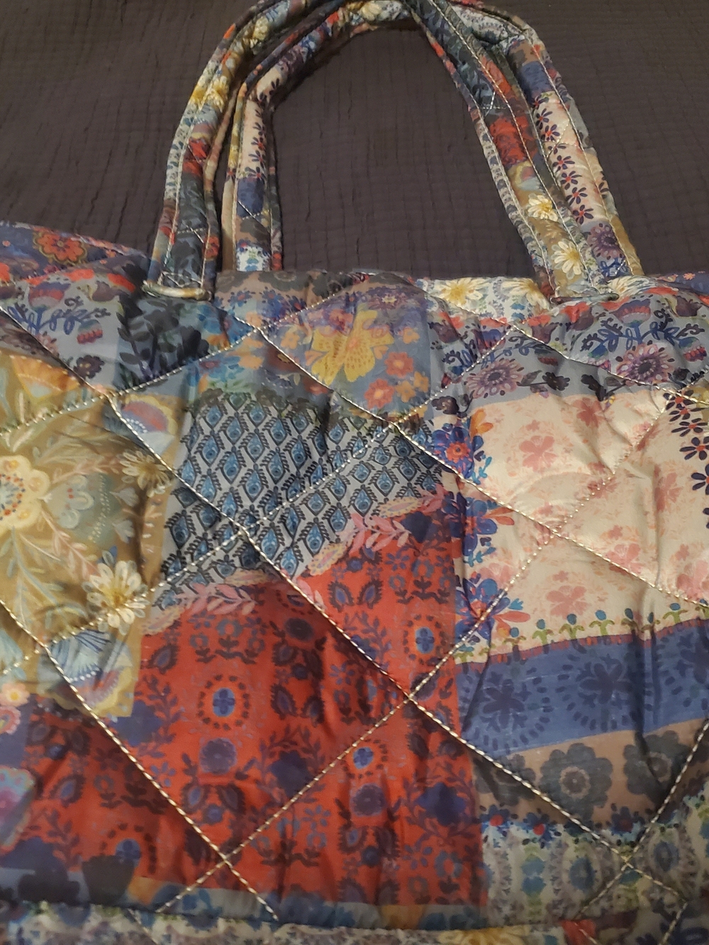 NATURAL LIFE Quilted Patchwork Floral Tote - Blue, Orange, Yellow, Cream - Picture 3 of 4